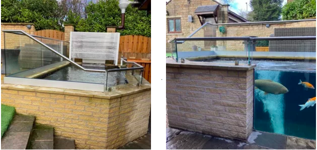 Glass balustrade surrounding a Pond, in Sheffield